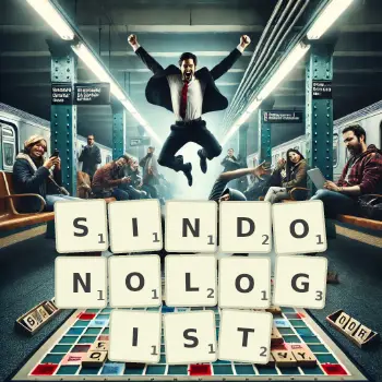 Creative illustration for a Scrabble game with the word SINDONOLOGIST spelled out in tiles on the board.