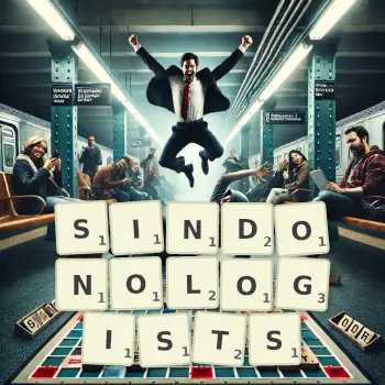 Creative illustration for a Scrabble game with the word SINDONOLOGISTS spelled out in tiles on the board.
