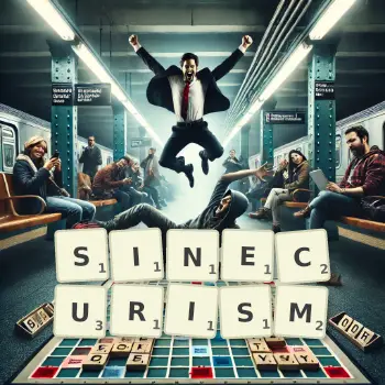 Creative illustration for a Scrabble game with the word SINECURISM spelled out in tiles on the board.