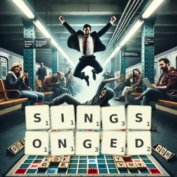 Creative illustration for a Scrabble game with the word SINGSONGED spelled out in tiles on the board.