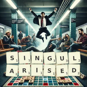 Creative illustration for a Scrabble game with the word SINGULARISED spelled out in tiles on the board.