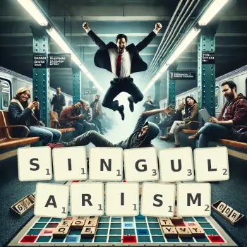 Creative illustration for a Scrabble game with the word SINGULARISM spelled out in tiles on the board.