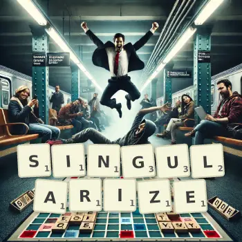 Creative illustration for a Scrabble game with the word SINGULARIZE spelled out in tiles on the board.