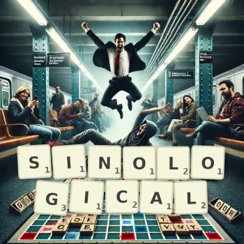 Creative illustration for a Scrabble game with the word SINOLOGICAL spelled out in tiles on the board.