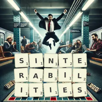 Creative illustration for a Scrabble game with the word SINTERABILITIES spelled out in tiles on the board.