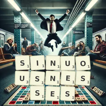 Creative illustration for a Scrabble game with the word SINUOUSNESSES spelled out in tiles on the board.