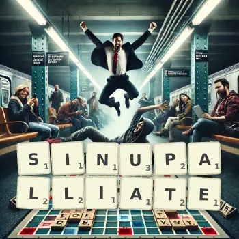 Creative illustration for a Scrabble game with the word SINUPALLIATE spelled out in tiles on the board.