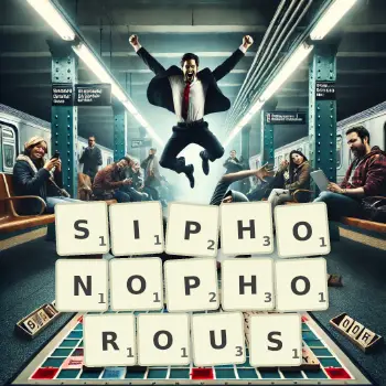Creative illustration for a Scrabble game with the word SIPHONOPHOROUS spelled out in tiles on the board.