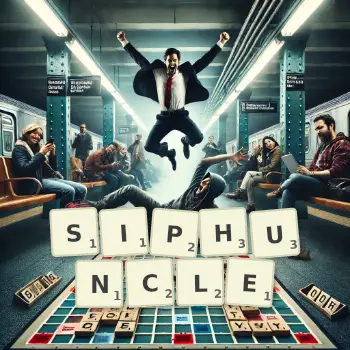 Creative illustration for a Scrabble game with the word SIPHUNCLE spelled out in tiles on the board.