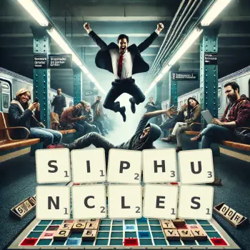 Creative illustration for a Scrabble game with the word SIPHUNCLES spelled out in tiles on the board.