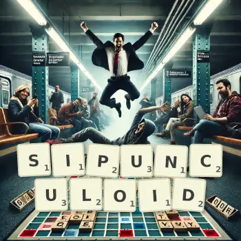 Creative illustration for a Scrabble game with the word SIPUNCULOID spelled out in tiles on the board.