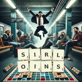 Creative illustration for a Scrabble game with the word SIRLOINS spelled out in tiles on the board.