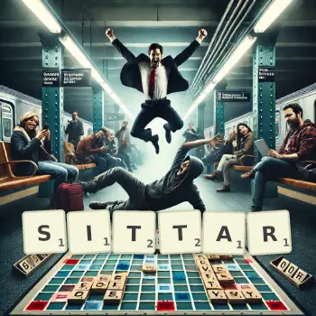 Creative illustration for a Scrabble game with the word SITTAR spelled out in tiles on the board.