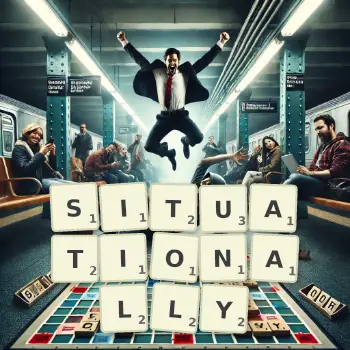 Creative illustration for a Scrabble game with the word SITUATIONALLY spelled out in tiles on the board.