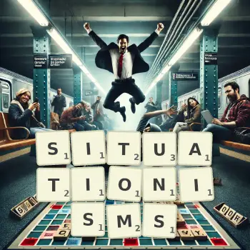 Creative illustration for a Scrabble game with the word SITUATIONISMS spelled out in tiles on the board.