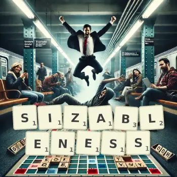 Creative illustration for a Scrabble game with the word SIZABLENESS spelled out in tiles on the board.