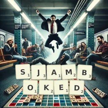 Creative illustration for a Scrabble game with the word SJAMBOKED spelled out in tiles on the board.