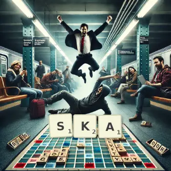 Creative illustration for a Scrabble game with the word SKA spelled out in tiles on the board.