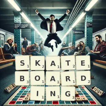 Creative illustration for a Scrabble game with the word SKATEBOARDING spelled out in tiles on the board.