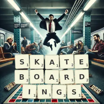 Creative illustration for a Scrabble game with the word SKATEBOARDINGS spelled out in tiles on the board.