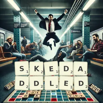 Creative illustration for a Scrabble game with the word SKEDADDLED spelled out in tiles on the board.
