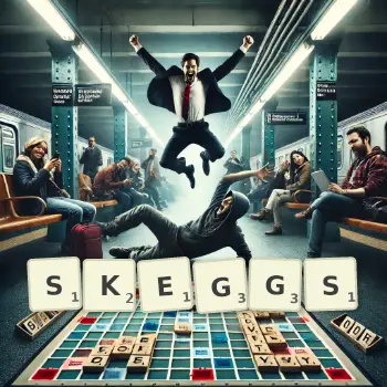 Creative illustration for a Scrabble game with the word SKEGGS spelled out in tiles on the board.