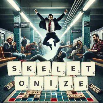 Creative illustration for a Scrabble game with the word SKELETONIZE spelled out in tiles on the board.