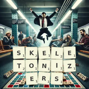 Creative illustration for a Scrabble game with the word SKELETONIZERS spelled out in tiles on the board.