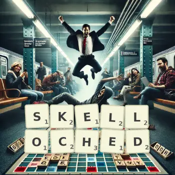 Creative illustration for a Scrabble game with the word SKELLOCHED spelled out in tiles on the board.