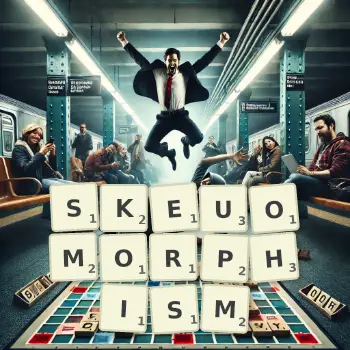 Creative illustration for a Scrabble game with the word SKEUOMORPHISM spelled out in tiles on the board.