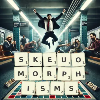 Creative illustration for a Scrabble game with the word SKEUOMORPHISMS spelled out in tiles on the board.