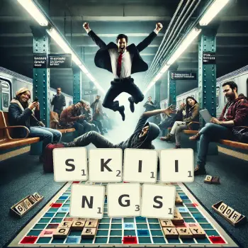 Creative illustration for a Scrabble game with the word SKIINGS spelled out in tiles on the board.