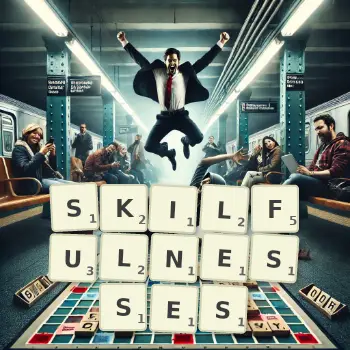 Creative illustration for a Scrabble game with the word SKILFULNESSES spelled out in tiles on the board.