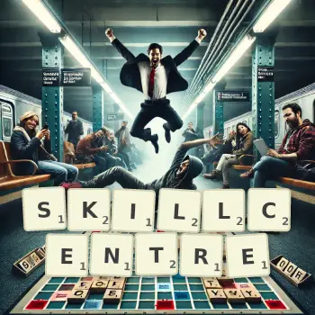 Creative illustration for a Scrabble game with the word SKILLCENTRE spelled out in tiles on the board.