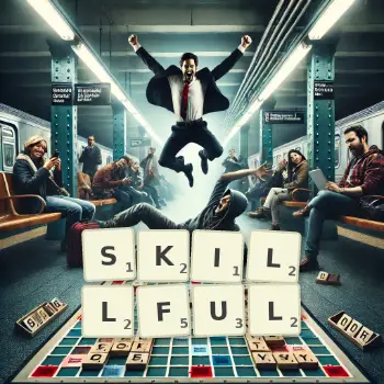 Creative illustration for a Scrabble game with the word SKILLFUL spelled out in tiles on the board.