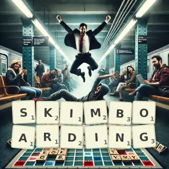 Creative illustration for a Scrabble game with the word SKIMBOARDING spelled out in tiles on the board.