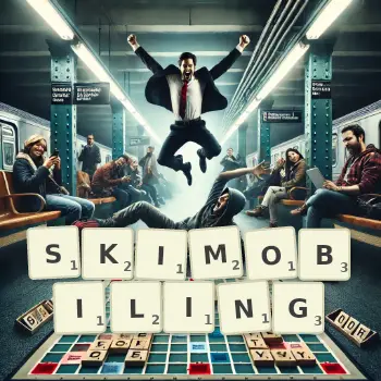 Creative illustration for a Scrabble game with the word SKIMOBILING spelled out in tiles on the board.