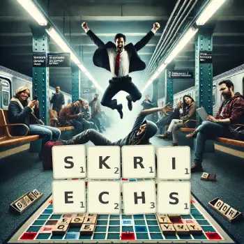 Creative illustration for a Scrabble game with the word SKRIECHS spelled out in tiles on the board.