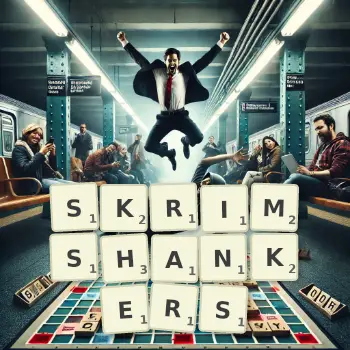 Creative illustration for a Scrabble game with the word SKRIMSHANKERS spelled out in tiles on the board.