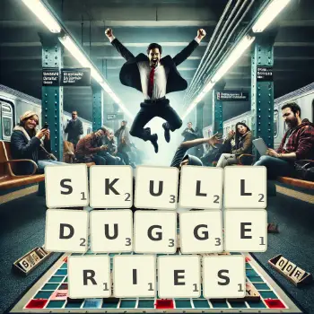 Creative illustration for a Scrabble game with the word SKULLDUGGERIES spelled out in tiles on the board.