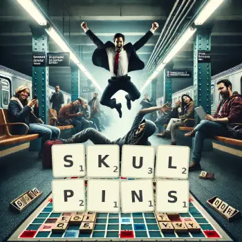 Creative illustration for a Scrabble game with the word SKULPINS spelled out in tiles on the board.