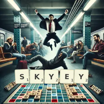 Creative illustration for a Scrabble game with the word SKYEY spelled out in tiles on the board.