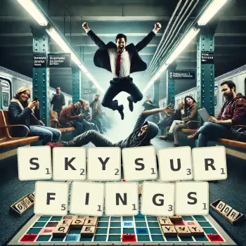 Creative illustration for a Scrabble game with the word SKYSURFINGS spelled out in tiles on the board.