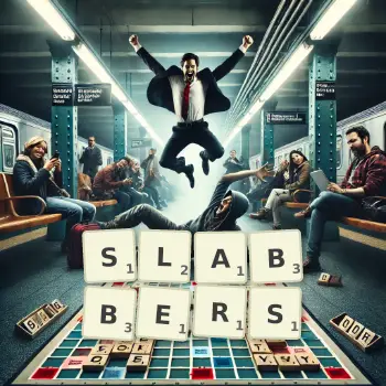 Creative illustration for a Scrabble game with the word SLABBERS spelled out in tiles on the board.