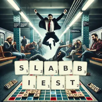 Creative illustration for a Scrabble game with the word SLABBIEST spelled out in tiles on the board.