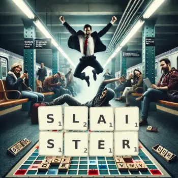 Creative illustration for a Scrabble game with the word SLAISTER spelled out in tiles on the board.