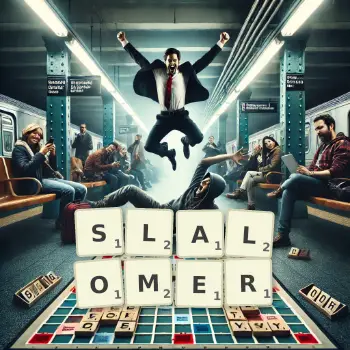 Creative illustration for a Scrabble game with the word SLALOMER spelled out in tiles on the board.