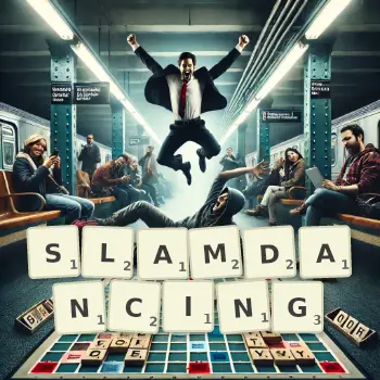 Creative illustration for a Scrabble game with the word SLAMDANCING spelled out in tiles on the board.