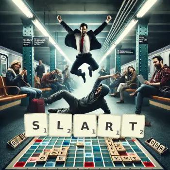 Creative illustration for a Scrabble game with the word SLART spelled out in tiles on the board.
