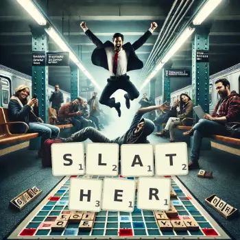 Creative illustration for a Scrabble game with the word SLATHER spelled out in tiles on the board.